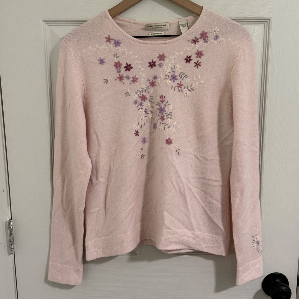 VTG Valerie Stevens Cashmere Sweater Large Pink Floral Embroidered Cottagecore